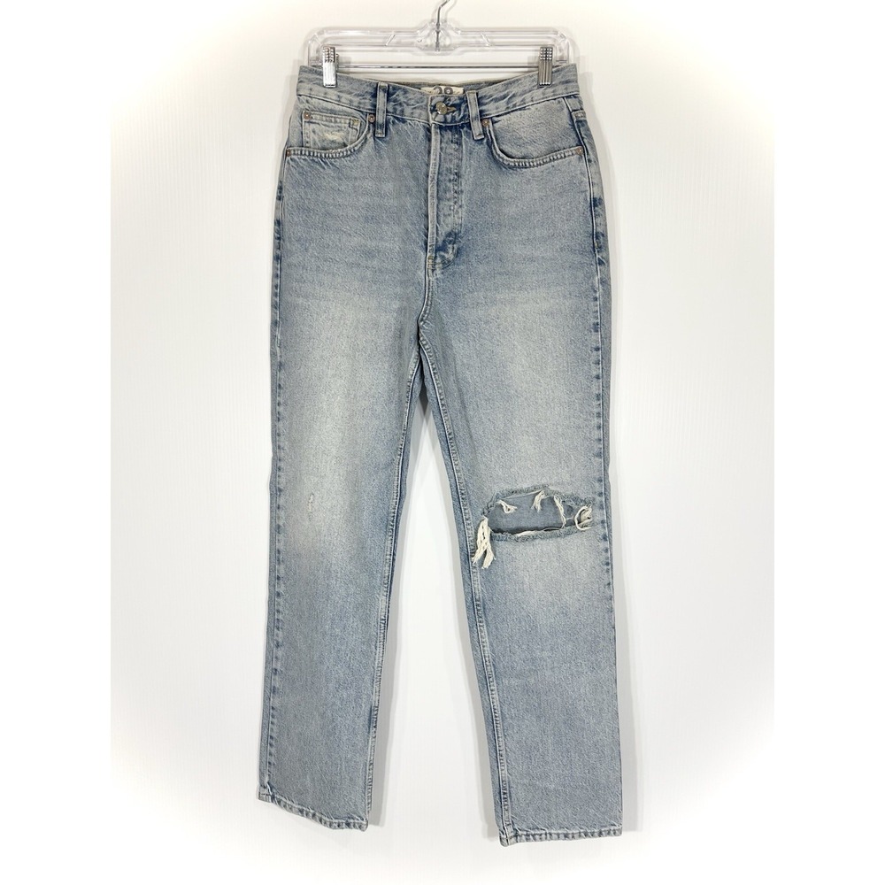 We‎ The Free High Rise Straight Jeans Size 28 Button Fly Distressed Light Wash